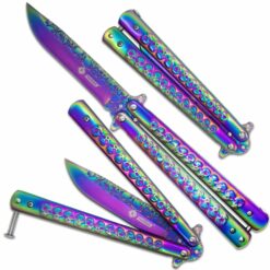 Nóż Motylkowy N436 Silver Skulls Rainbow